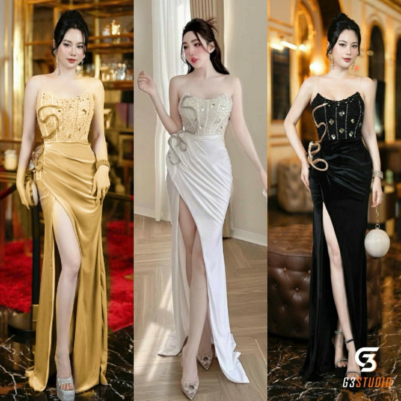 đầm cúp body dài sẻ tà đính hạt đính con rắn kèm hình thật