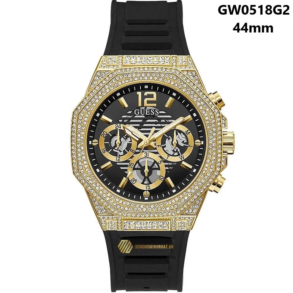 Đồng Hồ Nam Guess GW0518G2 Dây Cao Su Đen Vỏ Vàng Gold 44mm - Đồng Hồ Guess 6 Kim Viền Đá