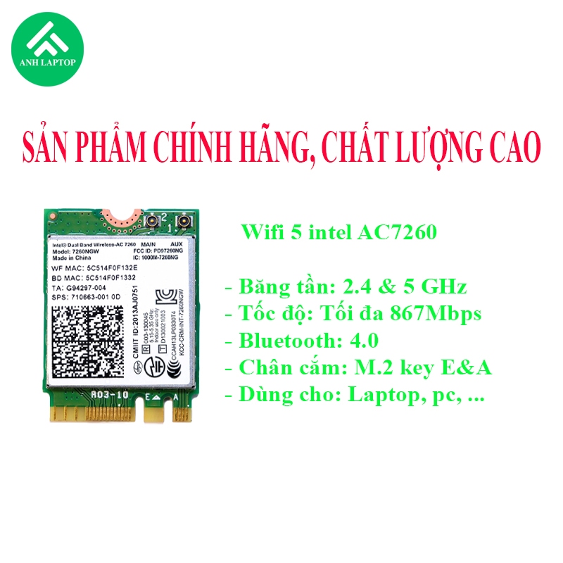Card wifi intel AC7260 lắp cho laptop, pc,...