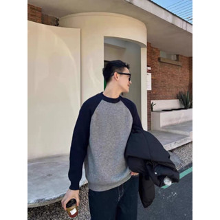 << Có sẵn >> 010 Áo len cổ tròn tay dài màu xám tay áo xanh đậm phong cách Hàn quốc dành cho nam đơn giản mùa thu đông