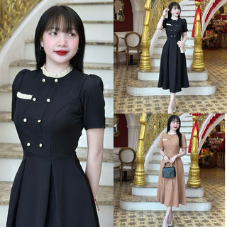 A8- Đầm phối viền cổ bèo túi trước ngự, nút ngọc, có túi ẩn hai bên dáng dài thiết kế ,xếp ly  đi tiệc đủ size Mijustore