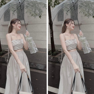 Set đồ nữ áo kết xoắn hai dây bện dáng croptop chun sau xinh xắn mix chân váy dáng dài ,xòe basic siêu hot yuna68 SET008
