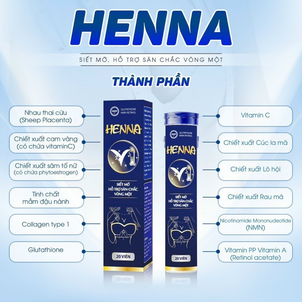 (Tặng kèm thước dây) Hộp 20 viên sủi nỡ ngực, tăng size vòng 1 Henna V1  giúp vòng 1 săn chắc đầy đặn