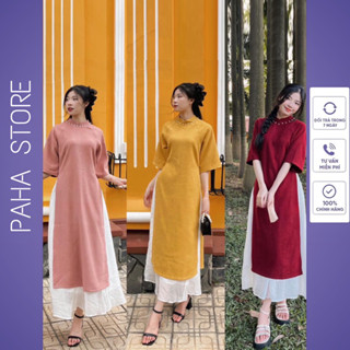 Áo dài cách tân cổ đính ngọc, áo dài Tết chất nhung tăm tặng kèm chân váy 2 lớp màu Đỏ, Hồng, Vàng - PAHA SHOP - AD 03