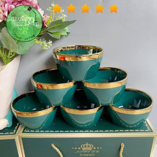 Bộ bát men sứ xanh cao cấp - bộ chén sứ, bát ăn cơm sứ trắng viền vàng cao cấp