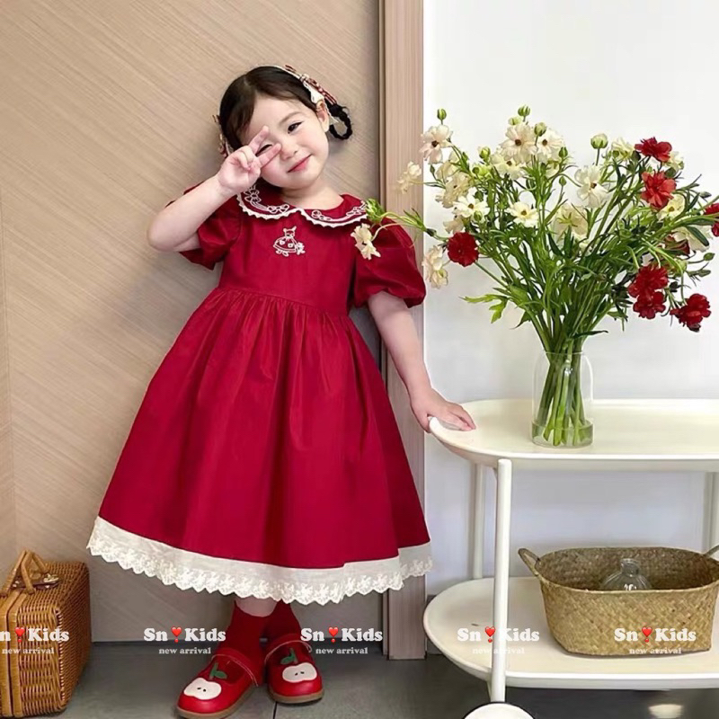 (9-30kg) sỉ váy công chúa cổ sen, váy nhung nhũ phối sơ mi nơ tay nhún, váy năm mới cho bé gái