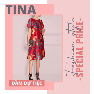 Đầm dự tiệc Katosa, vải tafta hoa gấm, váy dự tiệc tay ngắn cổ tròn dáng suông ngắn, Đầm trung niên hoa sang trọng