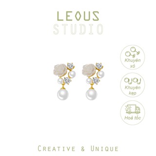 Khuyên tai kẹp không bấm lỗ chốt cố định K071 bằng hợp kim mạ vàng hình bông hoa hạt trai đính đá dáng midi Leous