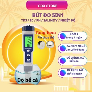Bút đo độ mặn của nước, máy đo ph 5 trong 1 ph/tds/ec/độ mặn/nhiệt độ. tặng kèm pin thay thế