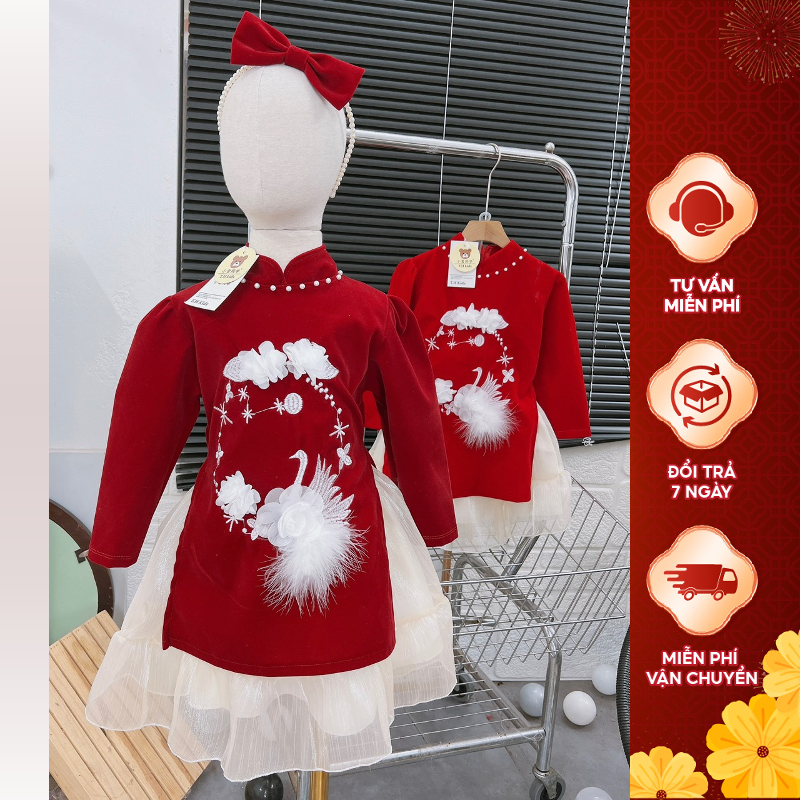 (10-20kg) Set váy áo dài cách tân đính hoa kèm phượng lông vũ HM KIDS cho bé gái