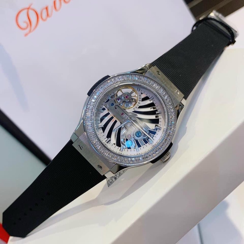 Đồng Hồ nữ Hanboro By Huboler Mặt Tròn Lộ Cơ đính đá chính hãng dây cao su