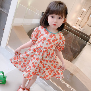 Váy bé gái - Váy hoa cúc màu cam tay bồng siêu xinh cho bé 1-5 Tuổi