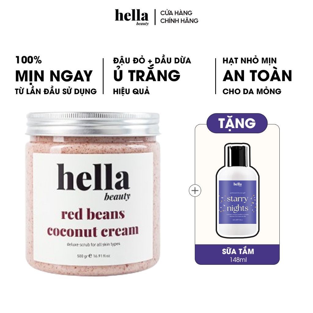 Tẩy Tế Bào Chết Body Đậu Đỏ Kem Dừa Hella Beauty 500g Hạt Nhỏ Mịn Cho Da Nhạy Cảm