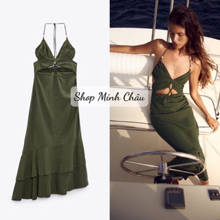 (Sẵn) Váy dây midi đuôi cá xanh chất linen Zaaâra canh sale