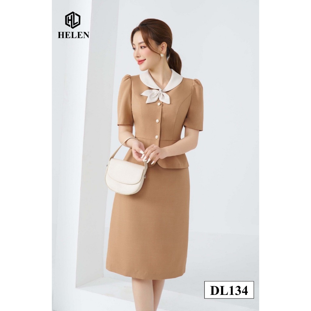 Đầm công sở HELEN thiết kế dáng ôm màu nâu peplum cổ nơ DL134