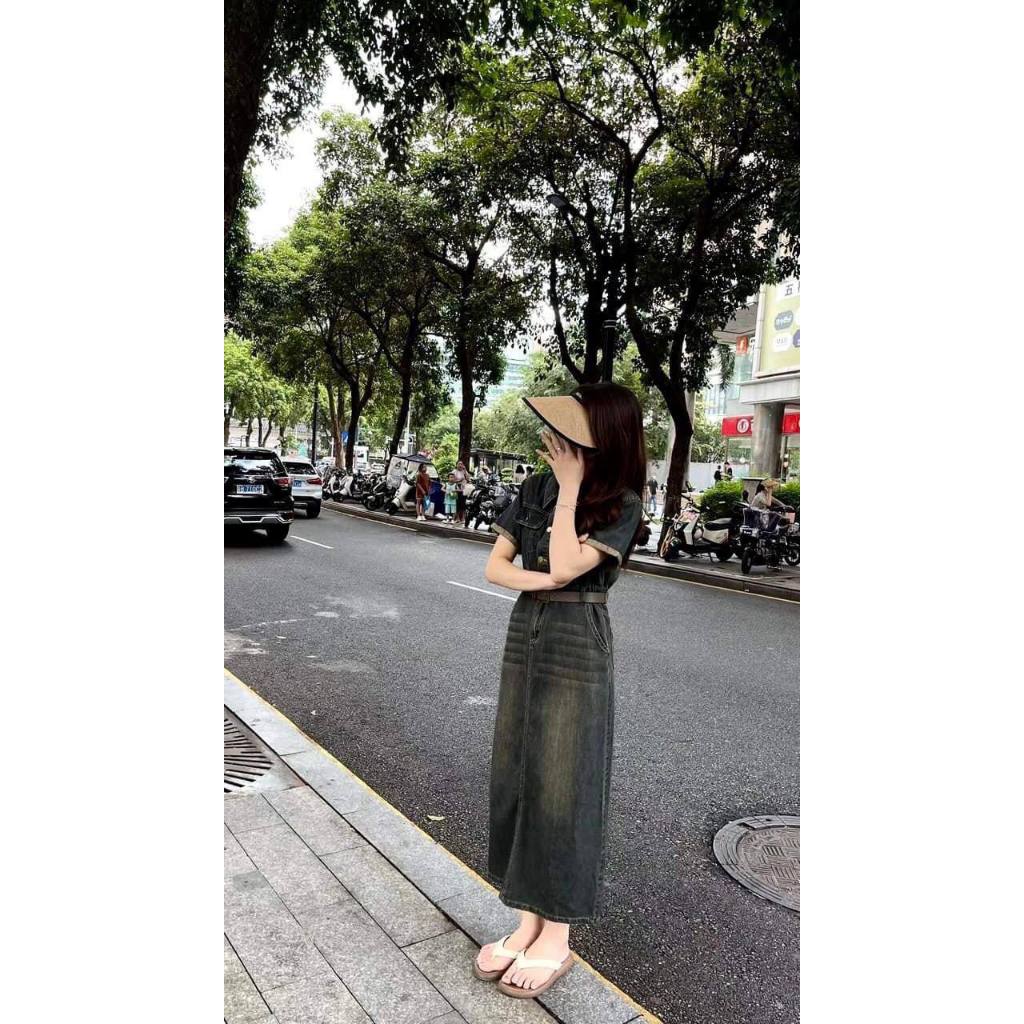 Váy bò cổ sơ mi kèm đai hàng quảng châu siêu đẹp - Đầm jean dáng dài nữ