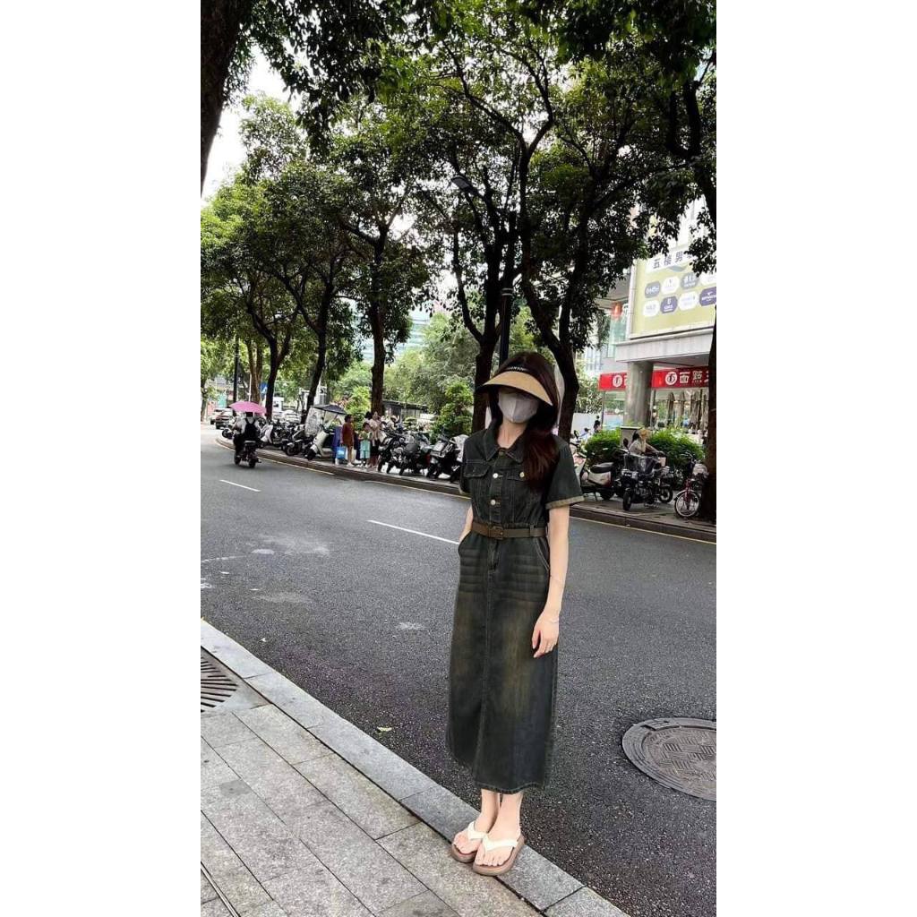 Váy bò cổ sơ mi kèm đai hàng quảng châu siêu đẹp - Đầm jean dáng dài nữ