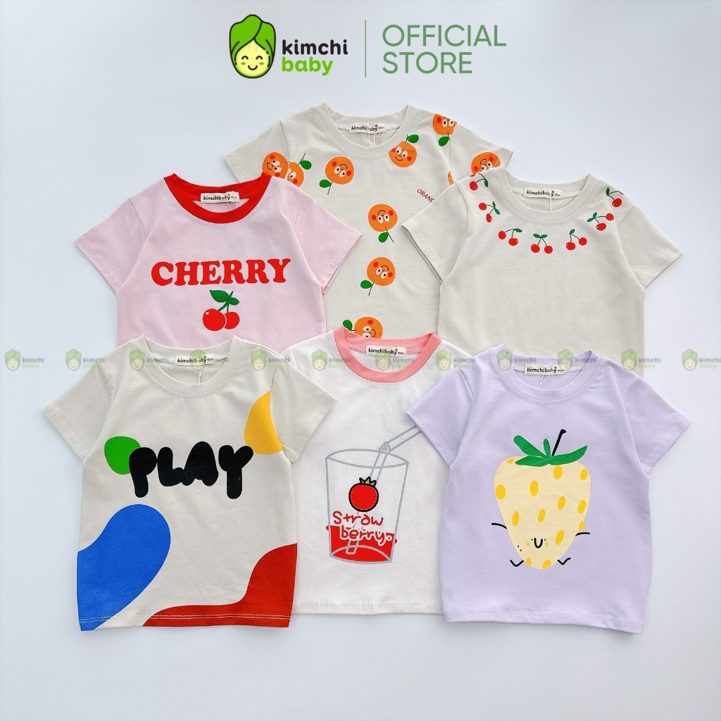 Áo Cộc Tay Cho Bé Gái, Bé Trai KIMCHIBABY Vải Cotton 4C Mềm Mịn Hoạ Tiết CHERRY, Áo Thun Cho Bé Mặc Đi Chơi KA404