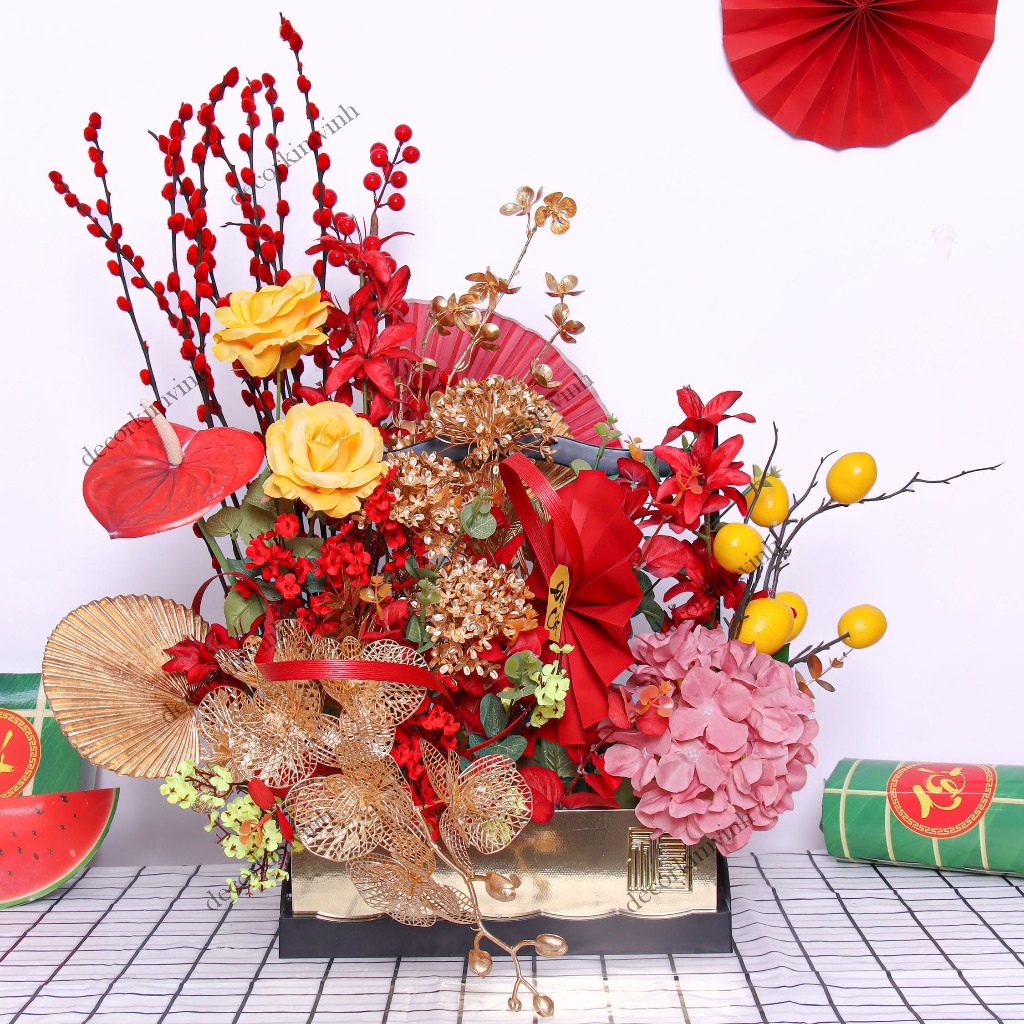 Giỏ Hoa Đào Đông Cắm Sẵn Trang Trí TẾT A39 May Mắn Tài Lộc – Handmade