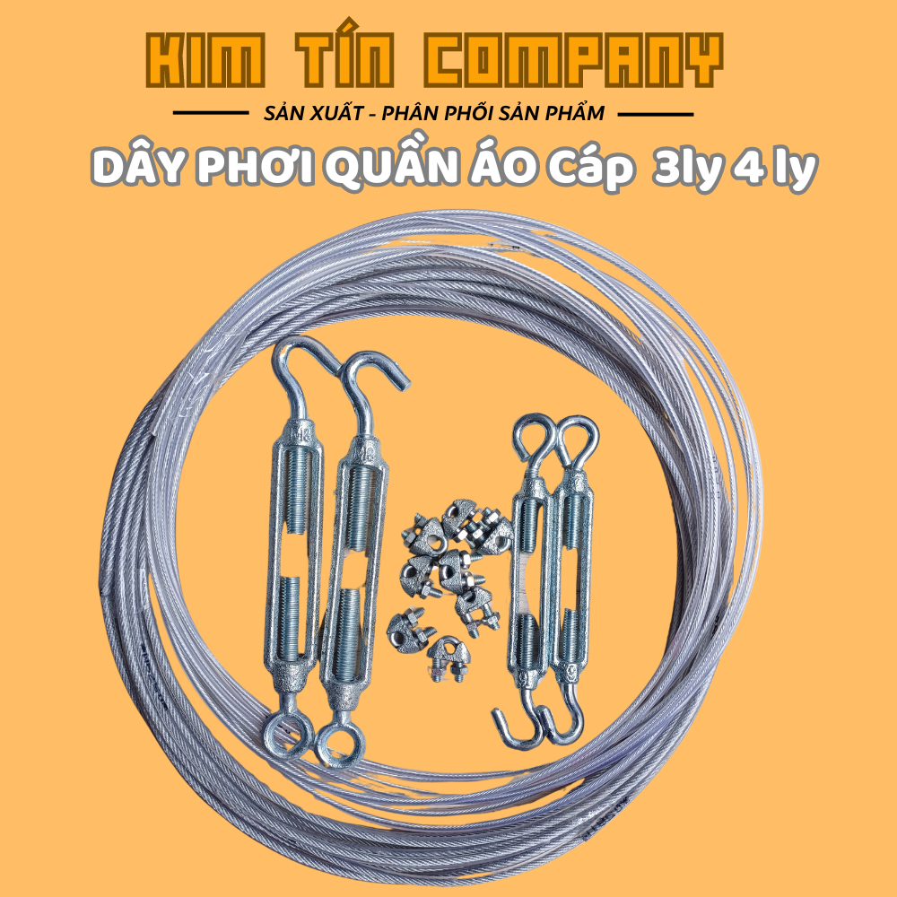 Nguyên bộ dây phơi quần áo với dây cáp bọc nhựa 3mm hay dây cáp bọc nhựa 4mm đi kèm tăng đơ và ốc siết cáp