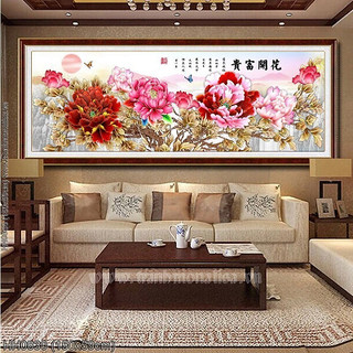 (XẢ KHO) Tranh thêu chữ thập hoa mẫu đơn thêu kín mẫu mới HH0831 - 195*74cm