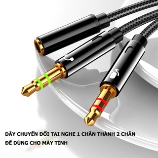 Giắc chuyển đổi tai nghe tròn 3.5 sang 2 cổng cắm tròn 3.5m để sử dụng cho máy tính bàn PC- Poermax tech