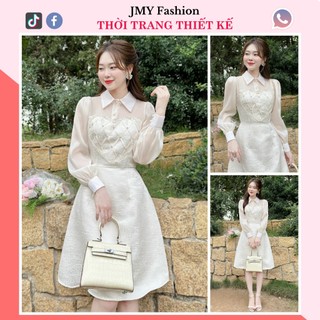 V432 Váy đầm tafta trắng kem dáng A dự tiệc [TH Hà Thanh] váy sơ mi kem ánh bạc tay voan dài bồng tiểu thư
