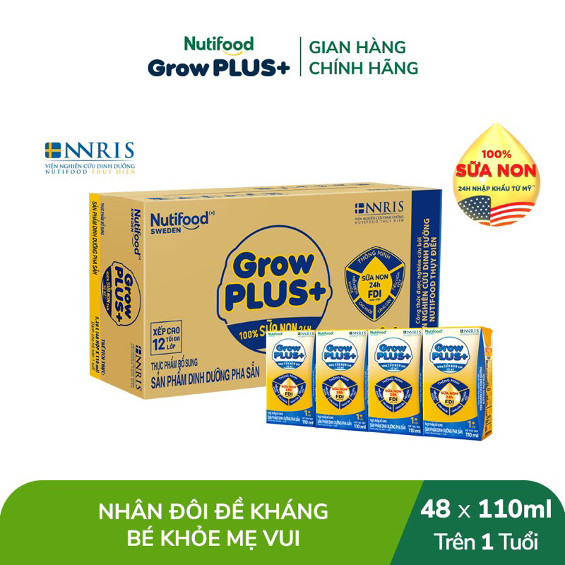 Thùng sữa bột pha sẵn nước Nutifood Grow Plus vàng, Growplus đỏ, Growplus xanh cho trẻ suy dinh dưỡng 110ml x 48 hộp