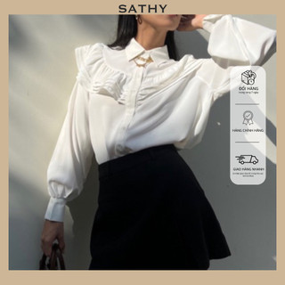 Áo sơ mi nữ thiết kế, áo sơ mi nữ bèo cổ sathy form rộng vải kate silk cao cấp - yulyshirt sm016