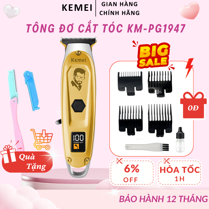 Tông Đơ Cắt Tóc Kemei PG1947, Tông đơ chấn viền, Sạc không dây có màn led hiển thị pin