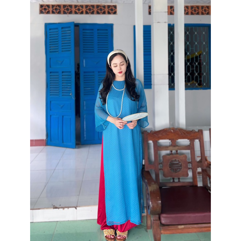 sm109 áo dài chấm bi xanh
