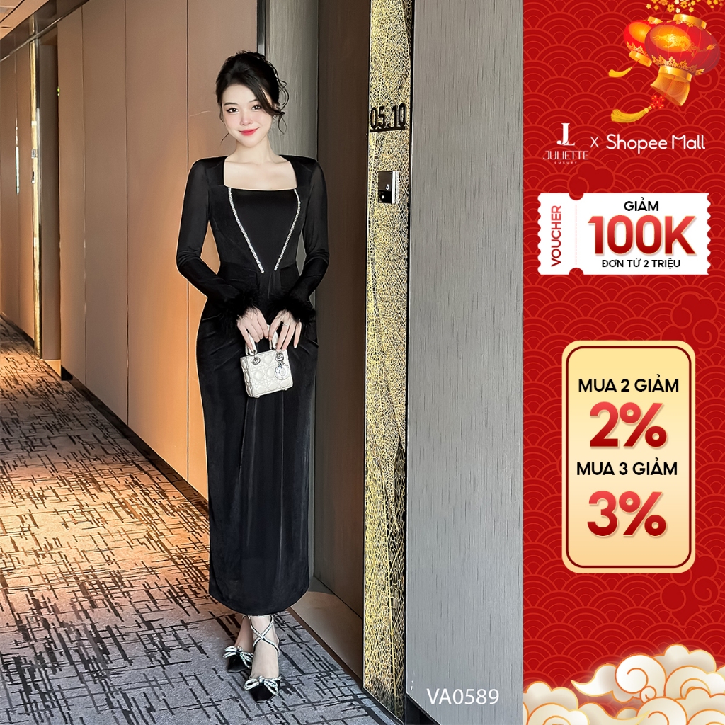 Váy body nữ dáng ôm cổ vuông thiết kế tay dài dính lông thương hiệu IFY DESIGN - VA0589