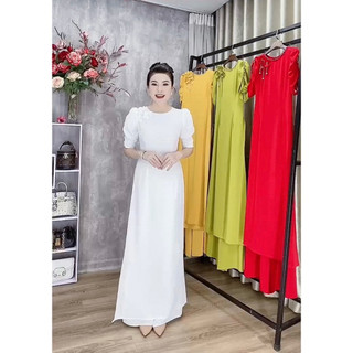 Áo dài lụa mỹ kết hoa ngực cổ viền đá cực sang trọng