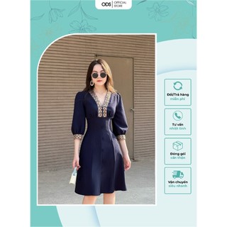 Đầm 8 mảnh xanh đen ODS thiết kế cổ V phối thổ cẩm, tay phồng lỡ, xẻ giữa, dây kéo sau nhẹ nhàng dễ mặc - CV6