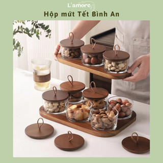 Hộp đựng bánh kẹo Tết, Khay mứt gỗ thông chữ nhật set 4,6 ngăn cao cấp L'amore, khay đựng kẹo tết 2024