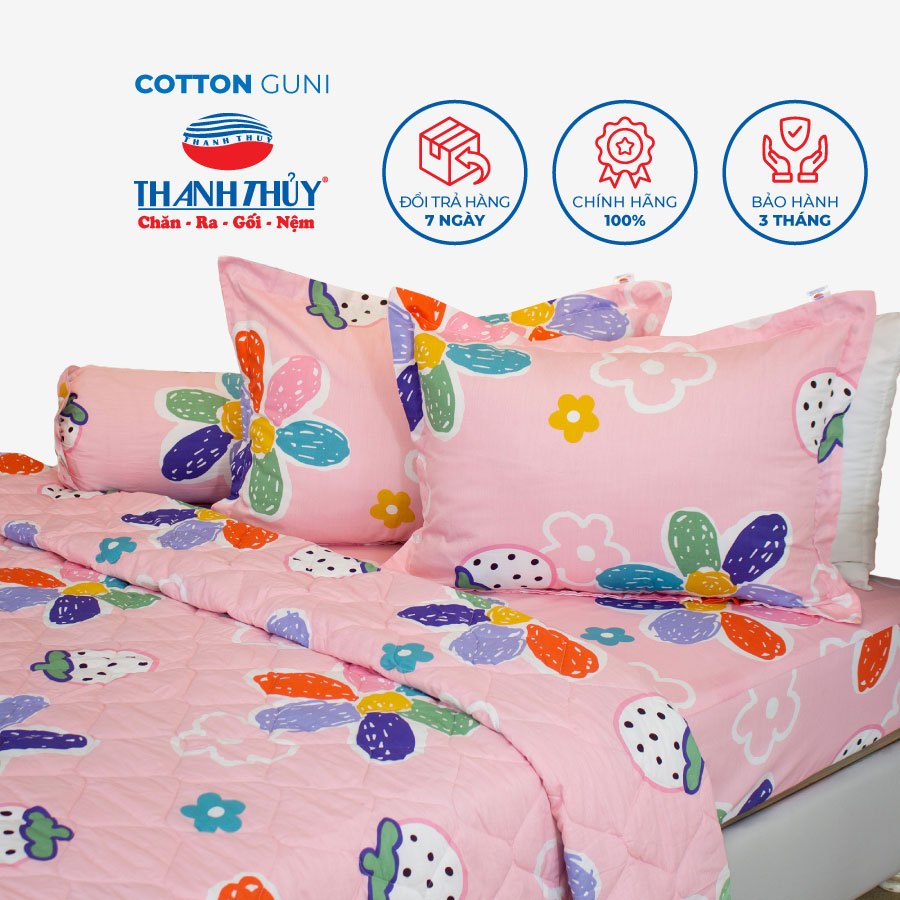 Bộ Chăn Ga Gối 4 món, 5 món - 100% Cotton Guni Họa Tiết 27 (Màu hồng và lá dâu) - Chăn Ra Thanh Thủy