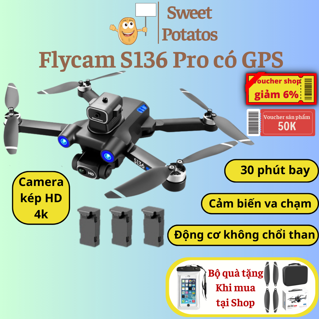 Động cơ không chổi than Flycam mini S136, Máy bay điều khiển từ xa có GPS tự bay về, điều khiển thông minh cho người mới