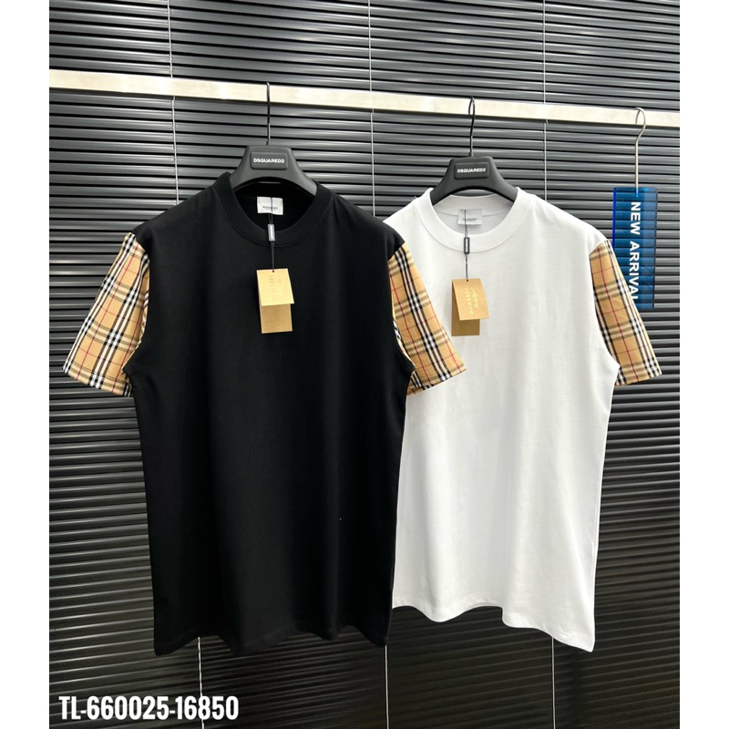 🔥Hot🔥Áo thun Burberry trơn phối tay kẻ hot trend Nam nữ New 2024