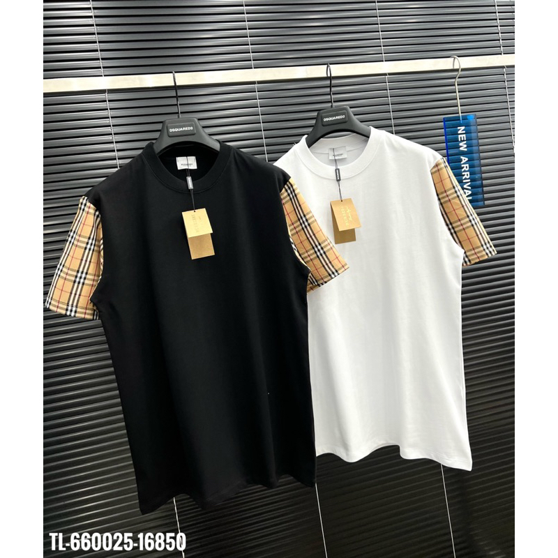 🔥Hot🔥Áo thun Burberry trơn phối tay kẻ hot trend Nam nữ New 2024