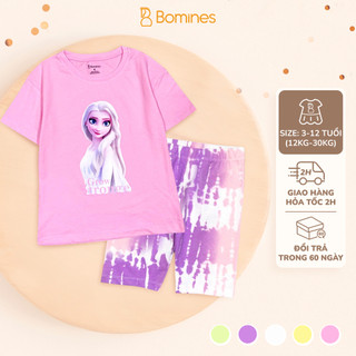 Đồ bộ bé gái công chúa Elsa BOMINES, thun cotton tay ngắn quần biker mát mẻ cho bé 3-12 tuổi, 12-36kg DBLBGELSAQUANLOANG