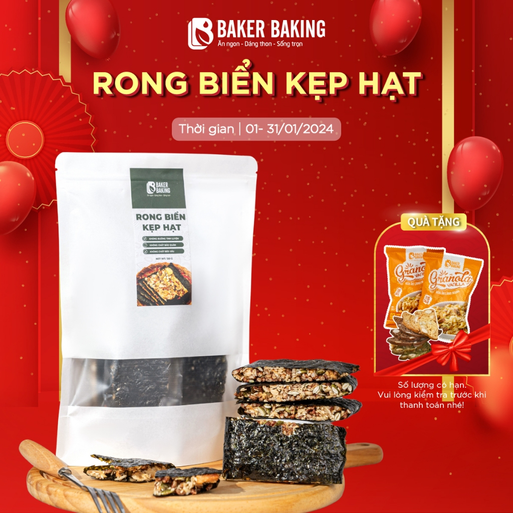 Rong biển kẹp hạt không đường Baker Baking tiện lợi ăn vặt, ăn kiêng, eatclean tốt cho sức khỏe.