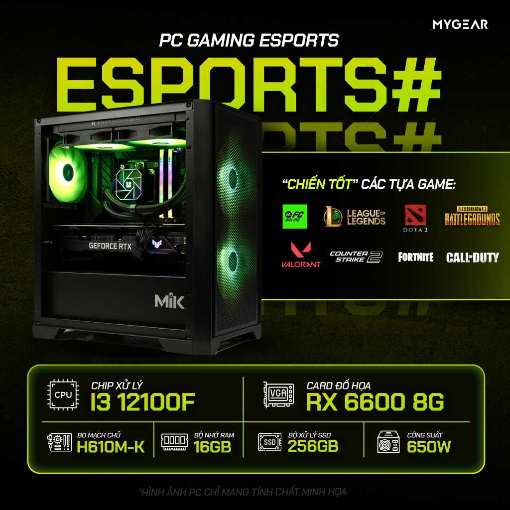 PC Gaming Esport 6600 i3-12100F/RX 6600 8GB/16Gb/256Gb Hàng mới 100% - Bảo hành theo từng linh kiện