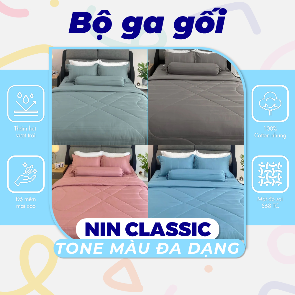 Bộ ga giường, áo gối NIN House Classic (không kèm mền) 2023 nhiều màu, đủ kích thước màu trơn sọc ngang