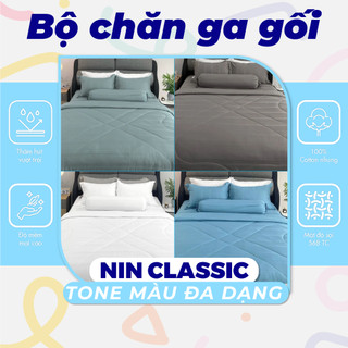 Bộ 5 món ga giường, áo gối kèm mền chần NIN House Classic mẫu mới 2023 nhiều màu, đủ kích thước màu trơn sọc ngang