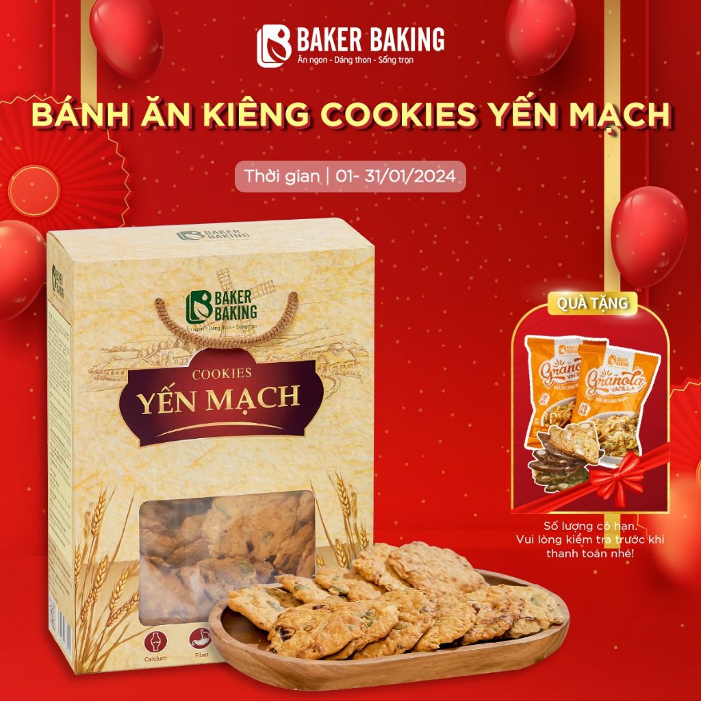 Bánh ăn kiêng cookies yến mạch Baker Baking, bánh quy dành cho người tiểu đường, ăn kiêng, ăn vặt healthy eatclean