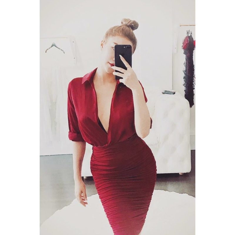 Váy body sơ mi lụa phối thun lưới nhúng 🌹