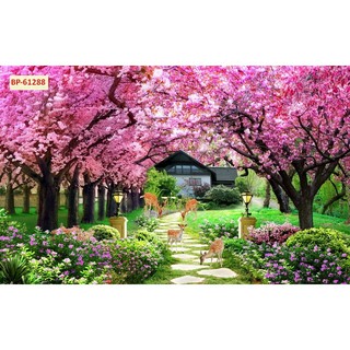 Tranh dán tường 3d vải lụa con đường phong cảnh ,hàng cây phòng ngủ chill nhà hàng gủi keo dán,in theo kích thước