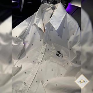 Áo sơ mi dài tay kín đá to logo miu chữ đen ảnh thật