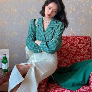 Áo Sơmi Cổ Vest Kẻ Sọc Tay Phồng Retro Hongkong Diamondcloset Order