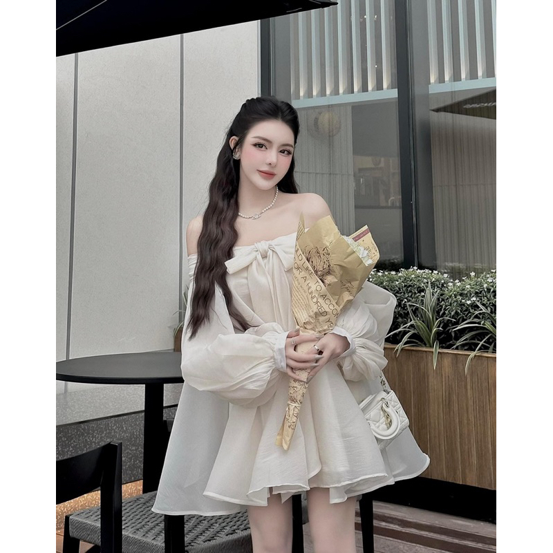 váy áo babydoll trễ vai tay phồng nơ ngực tơ mềm 2 lớp dày dặn,đầm bánh bèo tiểu thư dự tiệc sang chảnh V208